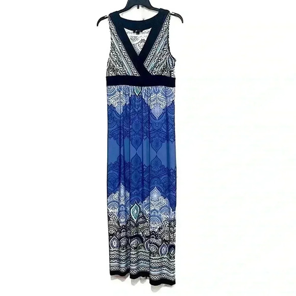 AB Studio boho blue & green & black bohemian maxi dress size LARGE - Picture 1 of 11